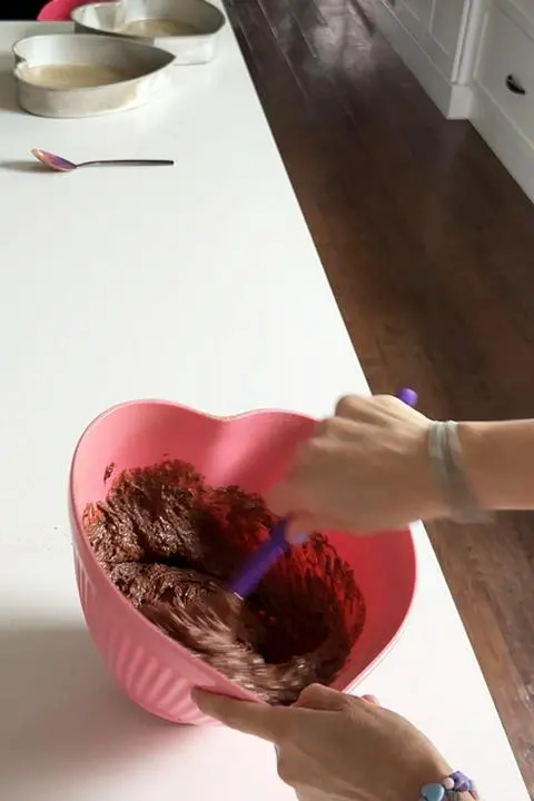 Consistency of the vegan chocolate cake batter before adding the hot water or hot coffee.