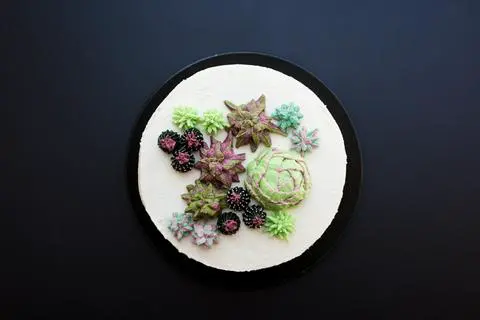 vegan banana peanut butter cake with buttercream succulent plants on top.