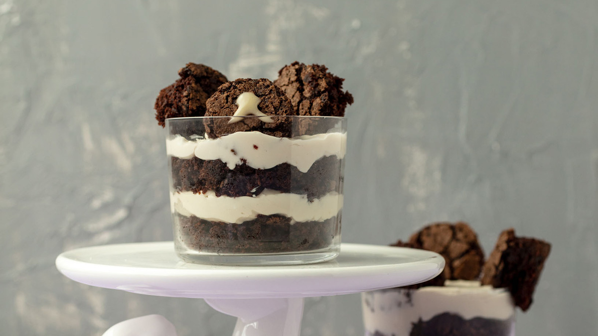 vegan brownie bear parfait in a short glass.