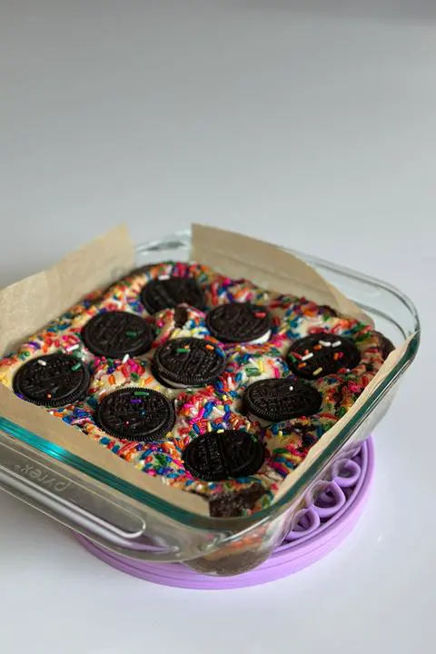 vegan oreo cheesecake brownies fresh from the oven