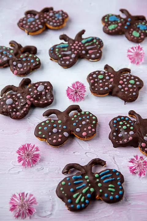 vegan chocolate peanut butter pretzels decorated like butterflies