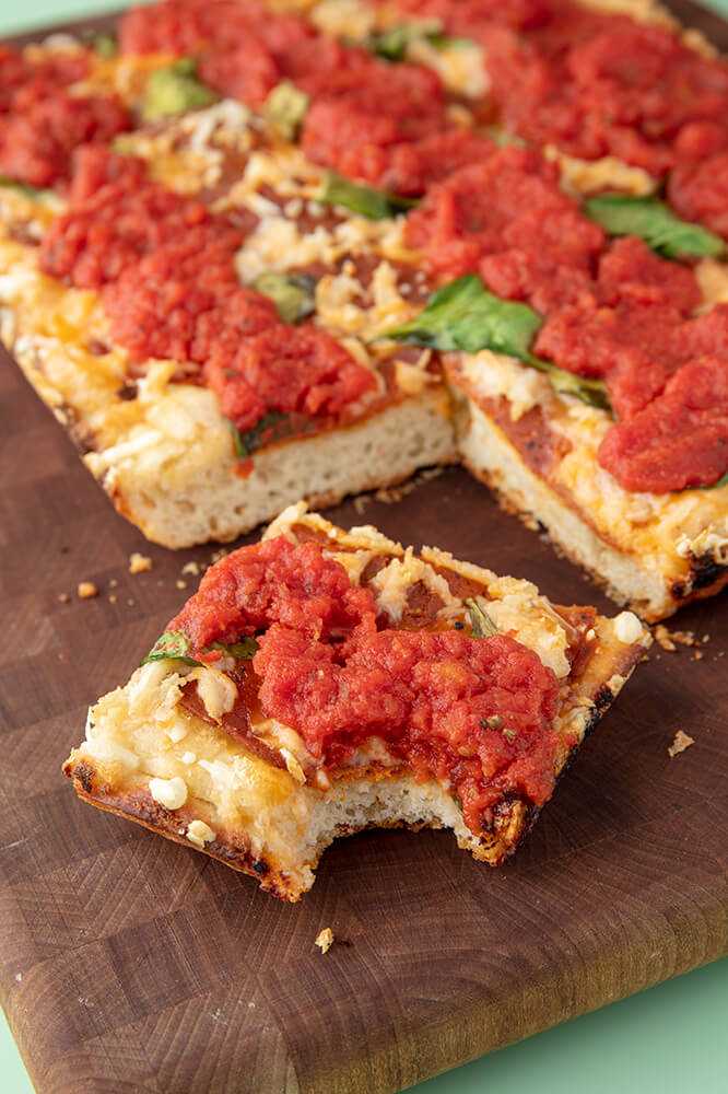 eating vegan detroit style pizza