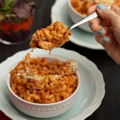 bite of vegan hamburger helper