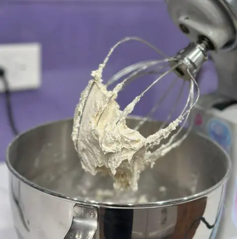 vegan vanilla buttercream frosting in a stand mixer.