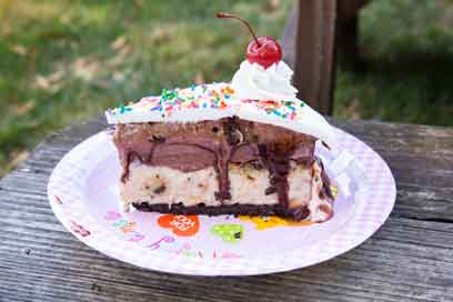 slice of vegan banana split ice cream cake