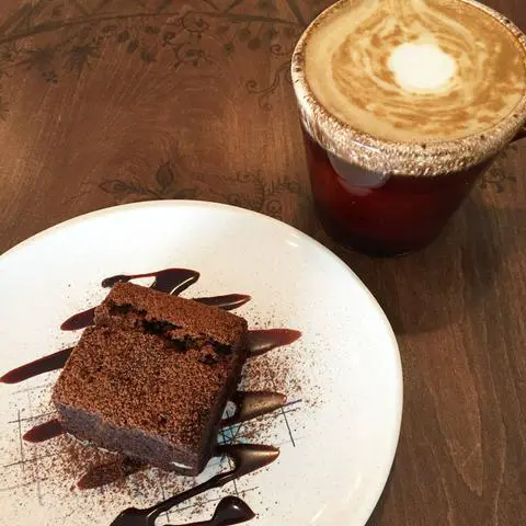 A brownie and a latte from Cafe Phalam in Kyoto, Japan.