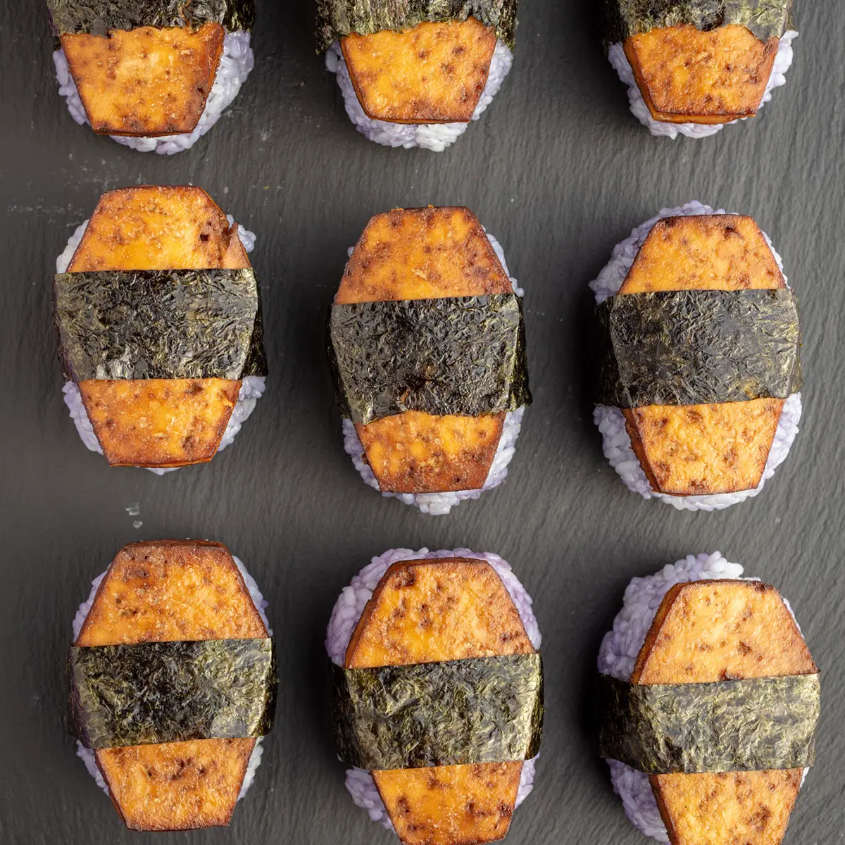 vegan spam musubi decorated to look like a coffin.