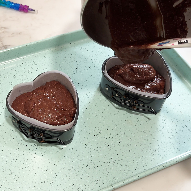 Filling cake pans with vegan gluten-free chocolate cake batter.