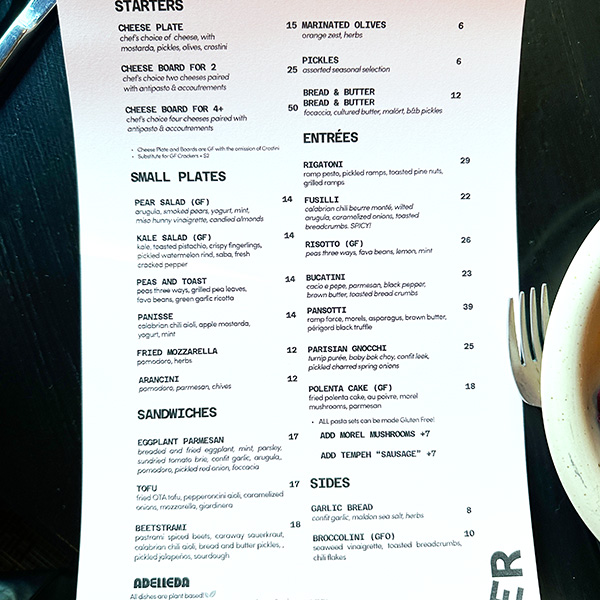 summer 2026 menu from Adelleda in Portland, OR.