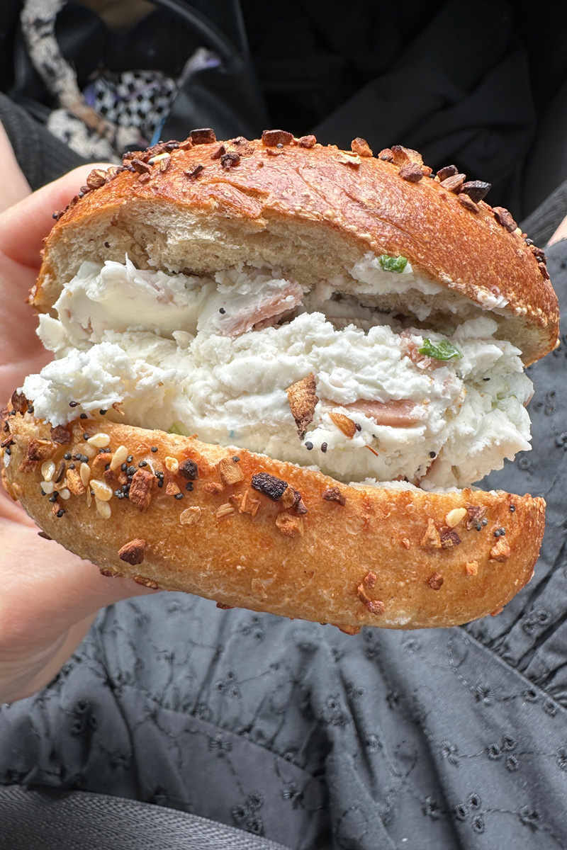 vegan bagel with cream cheese from Ben & Esther’s Vegan Jewish Deli