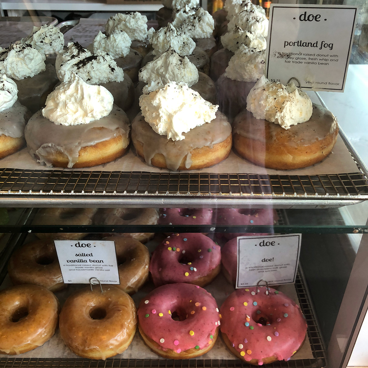 the donut pastry case at Doe Donuts in Portland.