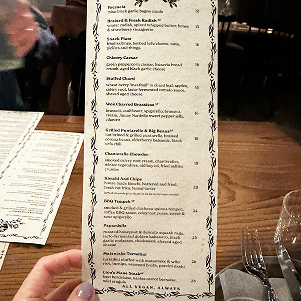 menu from November 12, 2025 at Feral in Portland.