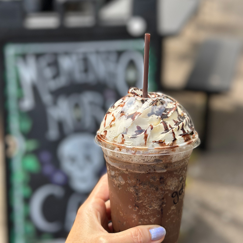 holding a Grave Digger gothaccino from Memento Mori in Portland.
