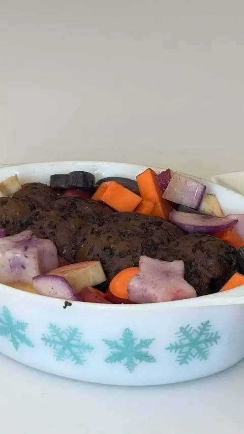 getting the roast ready to bake.