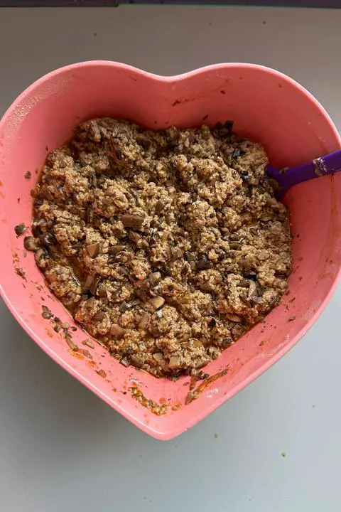 mixing the vegan roast beef dough