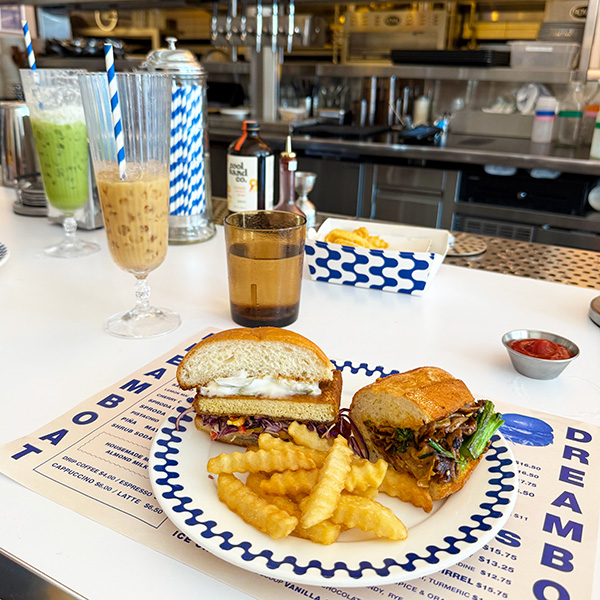 vegan lunch special sandwich and wavy fries from Dreamboat in San Diego.