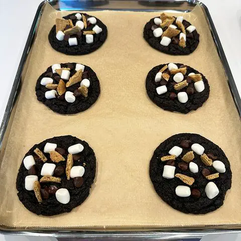 chocolate s’mores cookies ready for a second bake.