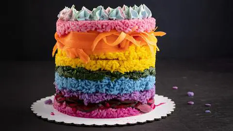 vegan savory rainbow sushi cake for a birthday dinner