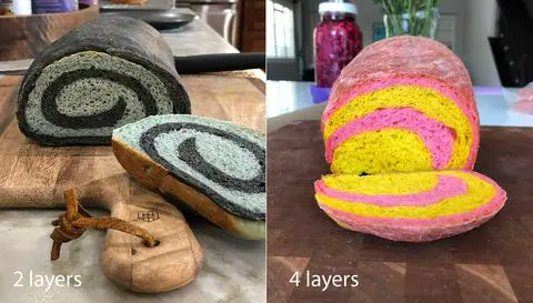 side-by-side comparison of 2 loaves of swirl bread showing the difference between 2 layers and 4 layers