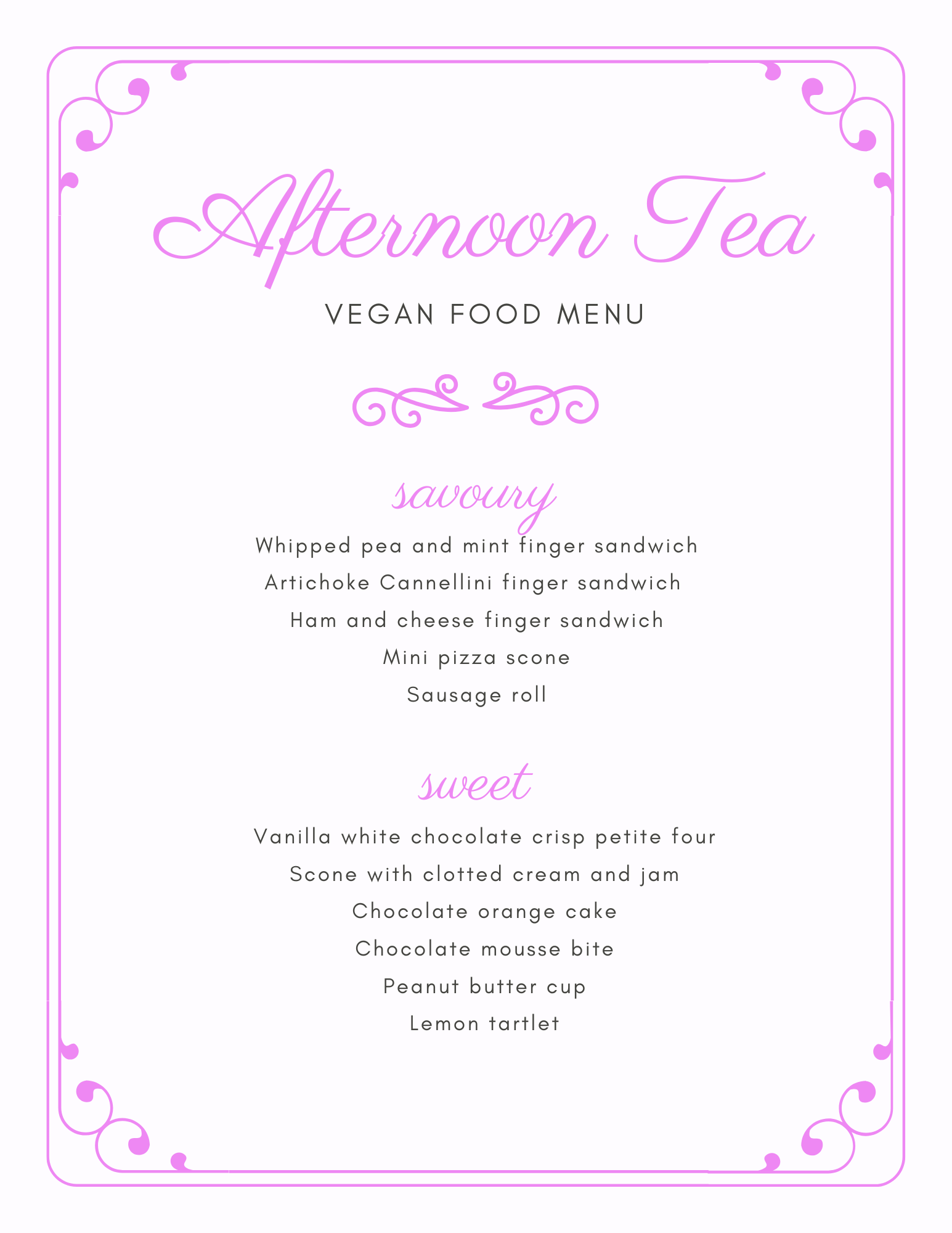 pink afternoon tea menu
