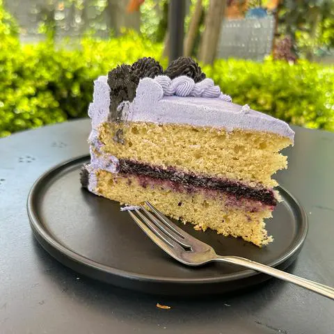 a slice of vegan vanilla cake with blueberry filling on a black plate.